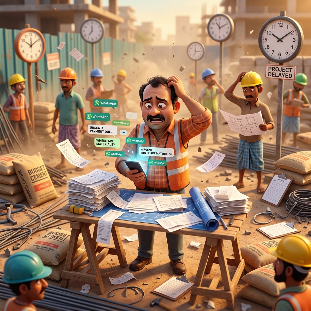 Manual chaos on construction site - scattered papers, WhatsApp messages, and disorganized processes