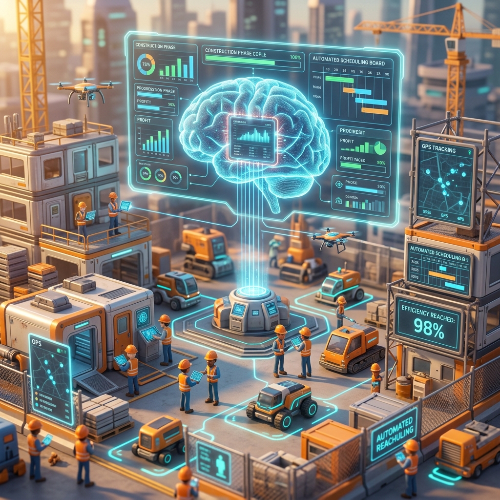Organized CMOS construction site with glowing digital brain dashboard controlling operations in harmony